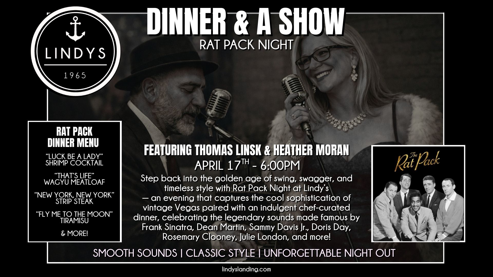 Rat Pack Night at Lindy's: Dinner & a Show featuring Thomas Linsk & Heather Moran